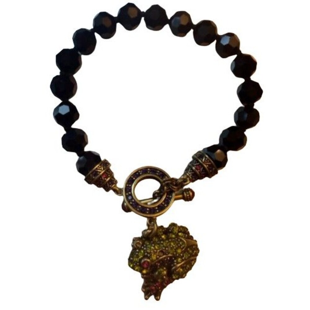 Heidi Daus Crystal Frog Toggle Bracelet Black Faceted Beads Gold Tone w Pouch